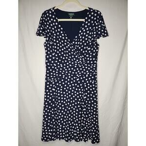 Lauren Ralph Lauren Dress Size 14 Navy Blue & White Polka Dot Jersey Faux Wrap